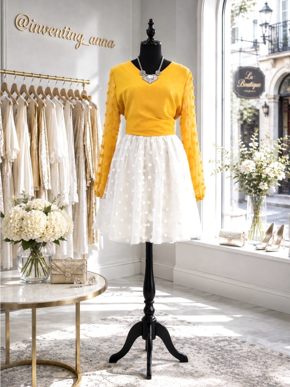 Comme Toi Ivory Polka Dot Tulle A-Line Skirt Satin Waist Fully Lined
